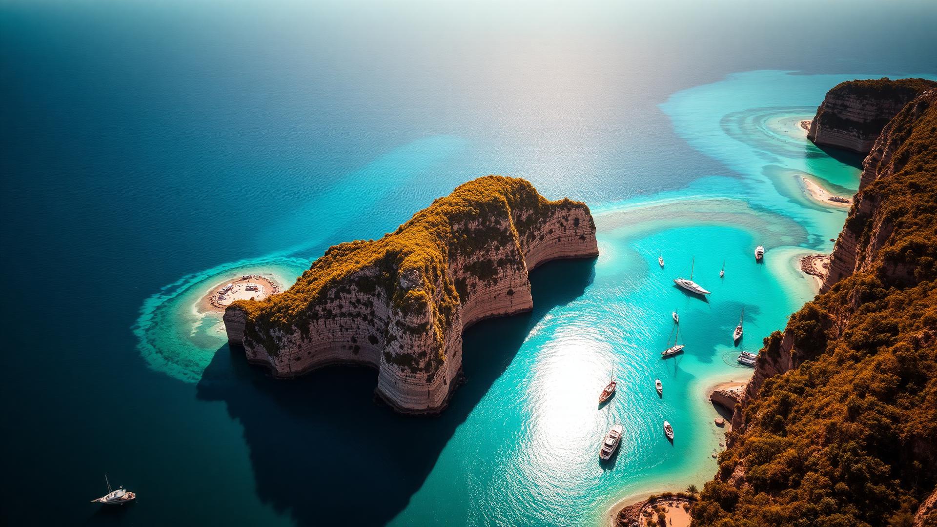 Aerial view of a turquoise coastline with sailing boats
